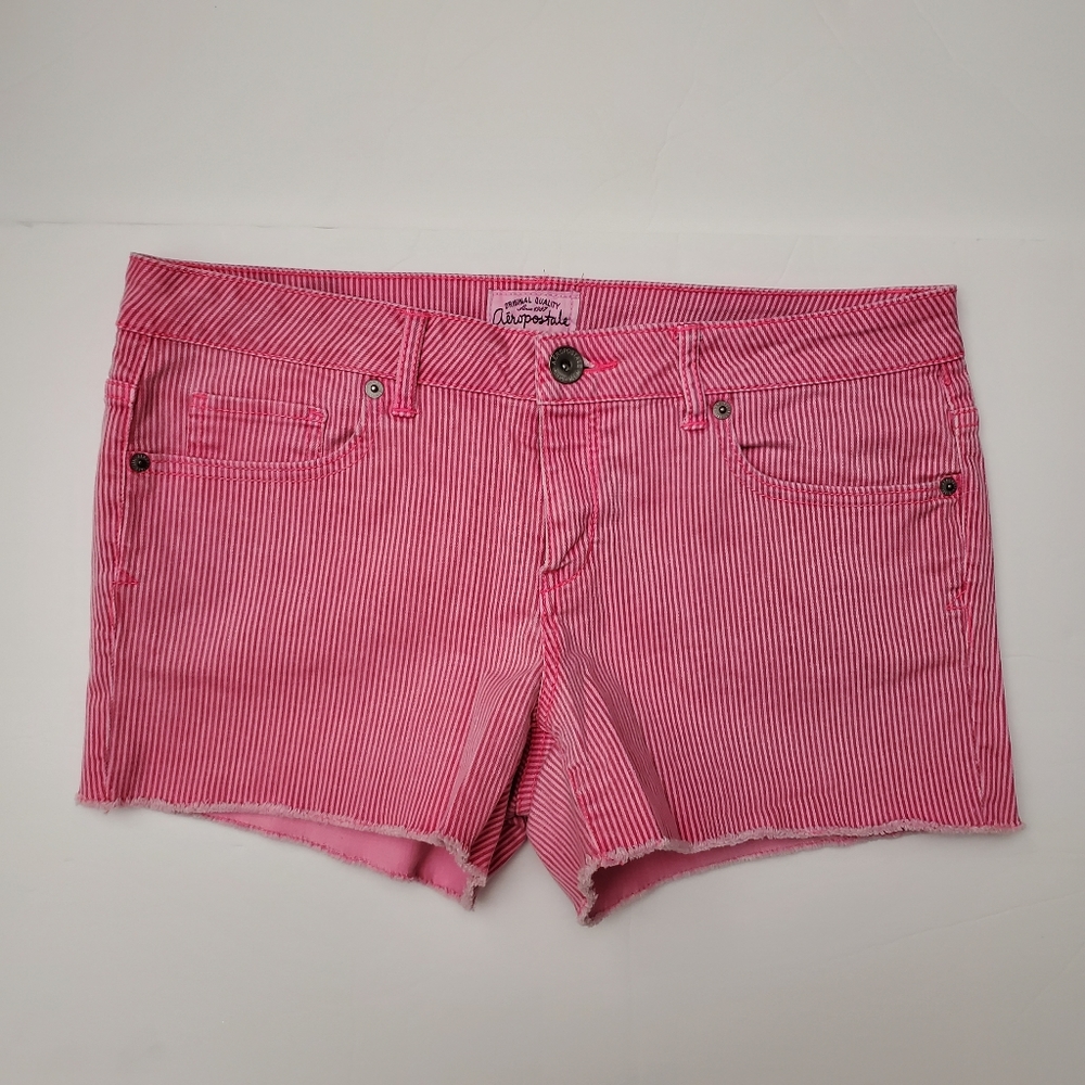 AEROPOSTALE Pinstripe Neon Denim Shorty Shorts